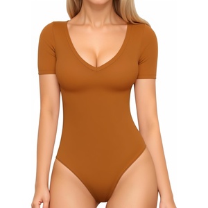 image:imageMANGOPOP Womens Long Sleeve Short Sleeve Bodysuit Sexy V Neck Body Suits Fitted Fall Going Out Tops04short Sleeve Camel