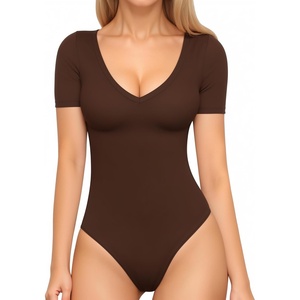 image:imageMANGOPOP Womens Long Sleeve Short Sleeve Bodysuit Sexy V Neck Body Suits Fitted Fall Going Out Tops04short Sleeve Coffee