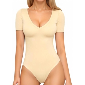 image:imageMANGOPOP Womens Long Sleeve Short Sleeve Bodysuit Sexy V Neck Body Suits Fitted Fall Going Out Tops04short Sleeve Light Apricot