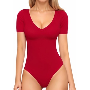 image:imageMANGOPOP Womens Long Sleeve Short Sleeve Bodysuit Sexy V Neck Body Suits Fitted Fall Going Out Tops04short Sleeve Red