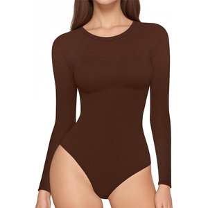 image:imageMANGOPOP Womens Long Sleeve Thermal Fleece Bodysuit Crew Neck Slim Fit Body Suit Warm Base Layer Tops Fall Outfits 2025Coffee
