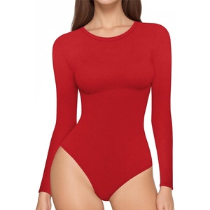 image:imageMANGOPOP Womens Long Sleeve Thermal Fleece Bodysuit Crew Neck Slim Fit Body Suit Warm Base Layer Tops Fall Outfits 2025Red