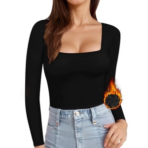 image:imageMANGOPOP Womens Square Neck T Shirts Long Sleeve Short Sleeve Tops Fitted TeesA05 Long Sleeve Black Fleece Lined