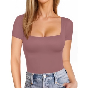image:imageMANGOPOP Womens Square Neck T Shirts Long Sleeve Short Sleeve Tops Fitted TeesB12 Short Sleeve Marsala