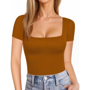 image:imageMANGOPOP Womens Square Neck T Shirts Long Sleeve Short Sleeve Tops Fitted TeesB14 Short Sleeve Camel