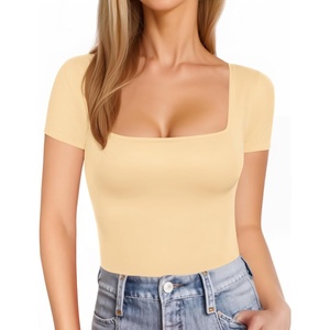 image:imageMANGOPOP Womens Square Neck T Shirts Long Sleeve Short Sleeve Tops Fitted TeesB17 Short Sleeve Nude