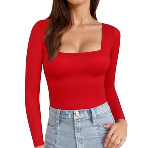 image:imageMANGOPOP Womens Square Neck T Shirts Long Sleeve Short Sleeve Tops Fitted TeesC03 Long Sleeve Red
