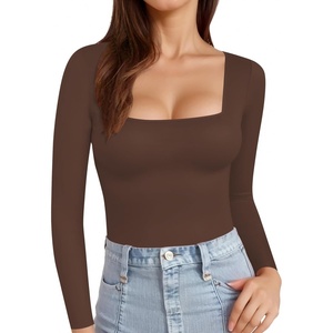 image:imageMANGOPOP Womens Square Neck T Shirts Long Sleeve Short Sleeve Tops Fitted TeesC04 Long Sleeve Coffee