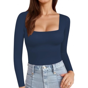 image:imageMANGOPOP Womens Square Neck T Shirts Long Sleeve Short Sleeve Tops Fitted TeesC05 Long Sleeve Deep Blue