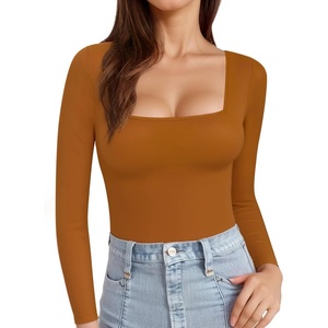 image:imageMANGOPOP Womens Square Neck T Shirts Long Sleeve Short Sleeve Tops Fitted TeesC07 Long Sleeve Camel