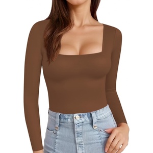 image:imageMANGOPOP Womens Square Neck T Shirts Long Sleeve Short Sleeve Tops Fitted TeesC10 Long Sleeve Brown