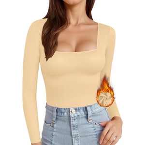 image:imageMANGOPOP Womens Square Neck T Shirts Long Sleeve Short Sleeve Tops Fitted TeesD05 Long Sleeve Nude Fleece Lined