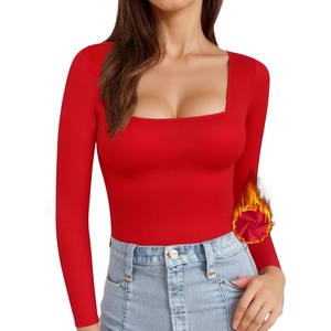 image:imageMANGOPOP Womens Square Neck T Shirts Long Sleeve Short Sleeve Tops Fitted TeesD07 Long Sleeve Red Fleece Lined