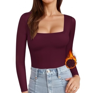 image:imageMANGOPOP Womens Square Neck T Shirts Long Sleeve Short Sleeve Tops Fitted TeesE01 Long Sleeve Burgundy Fleece Lined
