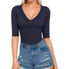 image:imageMANGOPOP Womens V Neck Half Sleeve Bodysuit 34 Sleeve Slim Fitted Body Suit Sexy Going Out Shirts TopsDeep Blue