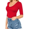 image:imageMANGOPOP Womens V Neck Half Sleeve Bodysuit 34 Sleeve Slim Fitted Body Suit Sexy Going Out Shirts TopsRedtttt