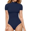 image:imageMANGOPOP Womens Mock Turtle Neck Bodysuit Short Sleeve Body Suits Basic T shirts Clothing TopsDeep Blue