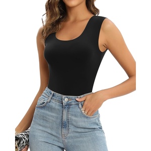 image:imageMANGOPOP Sleeveless Bodysuit For Women Scoop Neck Double Lined Tank Top Body Suit Basic Fitted Summer Going Out TopsBlack