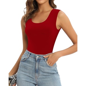 image:imageMANGOPOP Sleeveless Bodysuit For Women Scoop Neck Double Lined Tank Top Body Suit Basic Fitted Summer Going Out TopsRed
