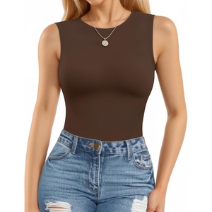 image:imageMANGOPOP Sleeveless Bodysuits for Women Crew Neck Tank Top Body Suit Basic Slim Fit Bodysuit TopsCoffee