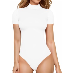 image:imageMANGOPOP Womens Mock Turtle Neck Bodysuit Short Sleeve Body Suits Basic T shirts Clothing Tops01 Classics White