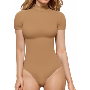 image:imageMANGOPOP Womens Mock Turtle Neck Bodysuit Short Sleeve Body Suits Basic T shirts Clothing Tops02 Camel