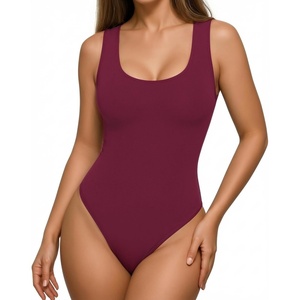 image:imageMANGOPOP Womens Tank Top Scoop Neck Bodysuit Sleeveless Racerback Body Suit Ribbed Knit Slim Fitted Soft Sexy Going Out TopsTank Top Burgundy