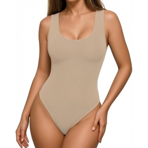 image:imageMANGOPOP Womens Tank Top Scoop Neck Bodysuit Sleeveless Racerback Body Suit Ribbed Knit Slim Fitted Soft Sexy Going Out TopsTank Top Light Camel