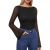 image:imageMANGOPOP Womens Boat Neck Bell Sleeve Bodysuit Sexy Sheer Mesh Double Lined Body Suits Going Out Fall Tops 202501 Black
