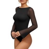 image:imageMANGOPOP Womens Boat Neck Bell Sleeve Bodysuit Sexy Sheer Mesh Double Lined Body Suits Going Out Fall Tops 202501 Black