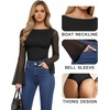 image:imageMANGOPOP Womens Boat Neck Bell Sleeve Bodysuit Sexy Sheer Mesh Double Lined Body Suits Going Out Fall Tops 202501 Black