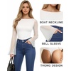 image:imageMANGOPOP Womens Boat Neck Bell Sleeve Bodysuit Sexy Sheer Mesh Double Lined Body Suits Going Out Fall Tops 202502 White
