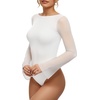 image:imageMANGOPOP Womens Boat Neck Bell Sleeve Bodysuit Sexy Sheer Mesh Double Lined Body Suits Going Out Fall Tops 202502 White