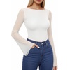 image:imageMANGOPOP Womens Boat Neck Bell Sleeve Bodysuit Sexy Sheer Mesh Double Lined Body Suits Going Out Fall Tops 202502 White