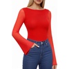 image:imageMANGOPOP Womens Boat Neck Bell Sleeve Bodysuit Sexy Sheer Mesh Double Lined Body Suits Going Out Fall Tops 202503 Red
