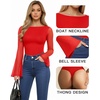 image:imageMANGOPOP Womens Boat Neck Bell Sleeve Bodysuit Sexy Sheer Mesh Double Lined Body Suits Going Out Fall Tops 202503 Red