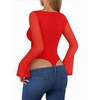 image:imageMANGOPOP Womens Boat Neck Bell Sleeve Bodysuit Sexy Sheer Mesh Double Lined Body Suits Going Out Fall Tops 202503 Red