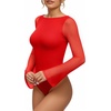 image:imageMANGOPOP Womens Boat Neck Bell Sleeve Bodysuit Sexy Sheer Mesh Double Lined Body Suits Going Out Fall Tops 202503 Red