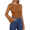 image:imageMANGOPOP Womens Boat Neck Bell Sleeve Bodysuit Sexy Sheer Mesh Double Lined Body Suits Going Out Fall Tops 202504 Brown