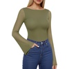 image:imageMANGOPOP Womens Boat Neck Bell Sleeve Bodysuit Sexy Sheer Mesh Double Lined Body Suits Going Out Fall Tops 202505 Army Green