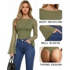 image:imageMANGOPOP Womens Boat Neck Bell Sleeve Bodysuit Sexy Sheer Mesh Double Lined Body Suits Going Out Fall Tops 202505 Army Green