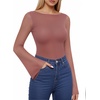 image:imageMANGOPOP Womens Boat Neck Bell Sleeve Bodysuit Sexy Sheer Mesh Double Lined Body Suits Going Out Fall Tops 202506 Marsala