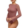 image:imageMANGOPOP Womens Boat Neck Bell Sleeve Bodysuit Sexy Sheer Mesh Double Lined Body Suits Going Out Fall Tops 202506 Marsala