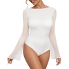 image:imageMANGOPOP Womens Boat Neck Bell Sleeve Bodysuit Sexy Sheer Mesh Double Lined Body Suits Going Out Fall Tops 202502 White