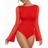 image:imageMANGOPOP Womens Boat Neck Bell Sleeve Bodysuit Sexy Sheer Mesh Double Lined Body Suits Going Out Fall Tops 202503 Red