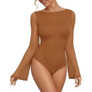 image:imageMANGOPOP Womens Boat Neck Bell Sleeve Bodysuit Sexy Sheer Mesh Double Lined Body Suits Going Out Fall Tops 202504 Brown
