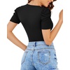 image:imageMANGOPOP Womens Bodysuit Deep V Neck Puff Short Sleeve Fitted Body Suits Casual Blouse Tops Elegant01 Black