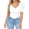 image:imageMANGOPOP Womens Bodysuit Deep V Neck Puff Short Sleeve Fitted Body Suits Casual Blouse Tops Elegant02 White