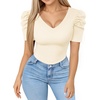 image:imageMANGOPOP Womens Bodysuit Deep V Neck Puff Short Sleeve Fitted Body Suits Casual Blouse Tops ElegantBeige