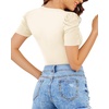 image:imageMANGOPOP Womens Bodysuit Deep V Neck Puff Short Sleeve Fitted Body Suits Casual Blouse Tops ElegantBeige
